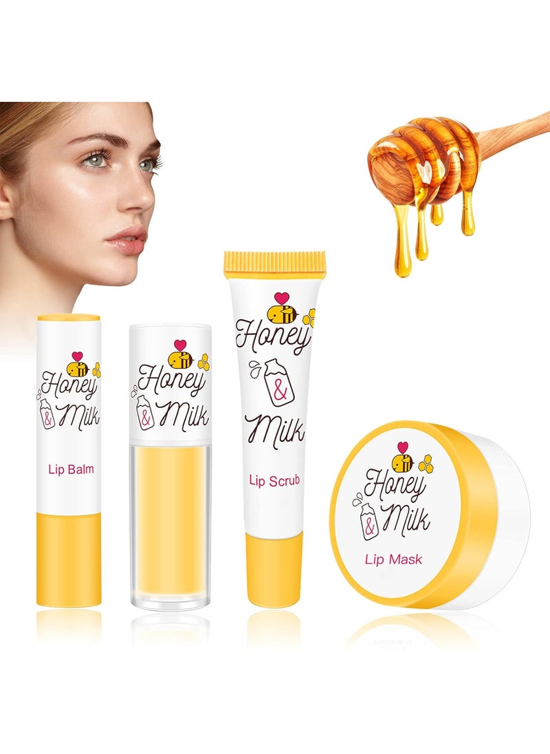 LSxia 4 Piece Honey Milk Lip Mask Lip Balm Lip Scrub Lip Oil Lip Care Kit Moisturizing  Nourishing Dry and Cracked Lips Overnight Sleeping Lip Exfoliator Lip Moisturizer Lip Repair 