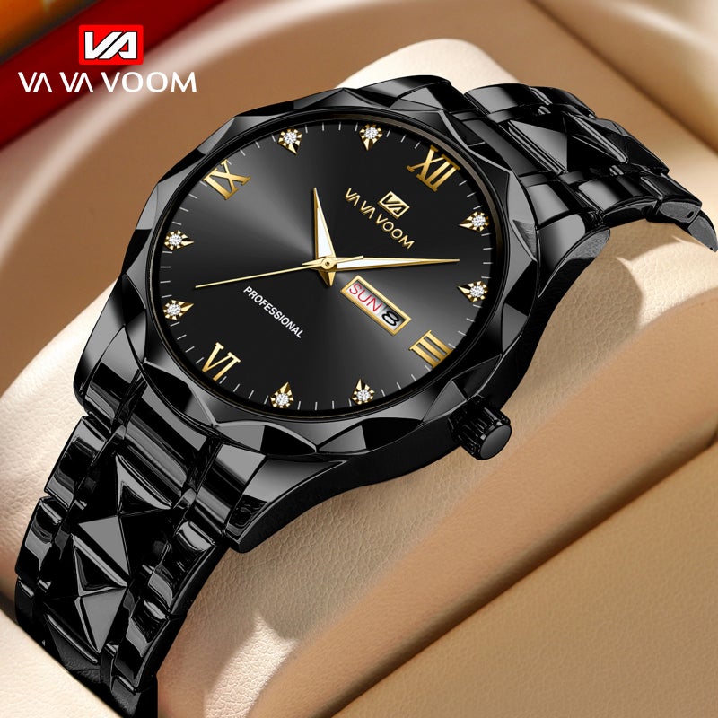 Trendy Waterproof Rivet Diamond Mens Quartz Watch 2732-JH gold nail black chain 