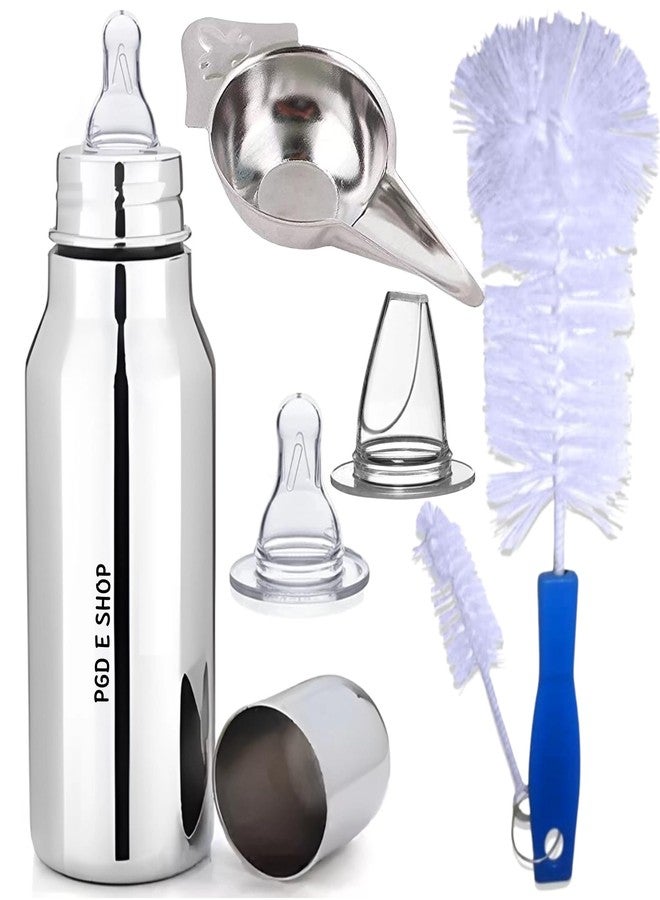 PGD Premium Deluxe Design Stainless Steel Baby Feeding Bottle with Paladai Feeder Spoon, Cleaning Brush Set, Extra Sipper and Nipple for Milk/Water Feeding (Deluxe 350ml Basic Combo) - Image 1