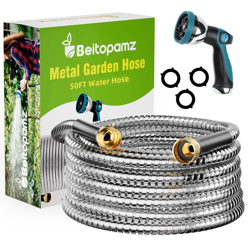 Beitopamz Garden Hose 50 ft, Stainless Steel Metal Water Hose with Nozzle, Flexible and Durable, Rust Proof, No-Kink, Heavy Duty, Leakproof 3/4'' Brass Fittings, Lightweight Hose for Patio, Lawn - Image 1