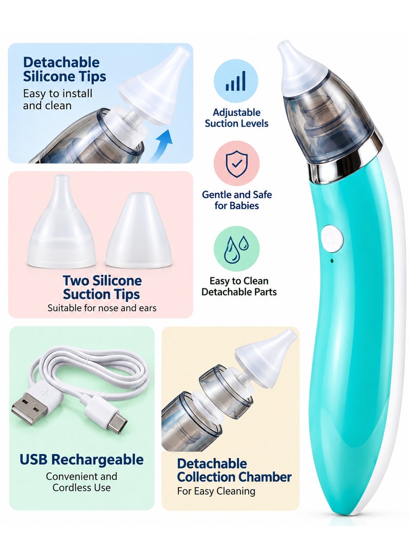 Electric Nasal Aspirator for Babies and Newborns, USB Rechargeable Nose Cleaner with 2 Silicone Tips and Transparent Chamber - Image 4