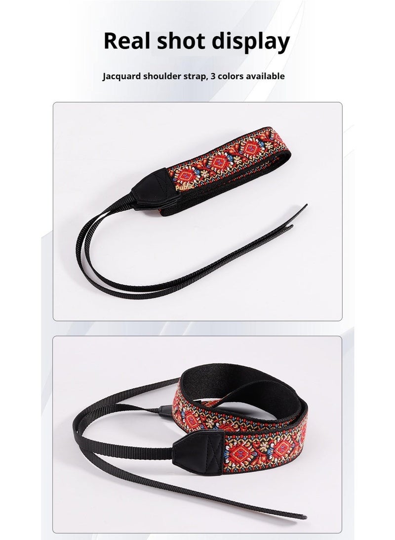 Vintage Jacquard Camera Strap - Pure Cotton, Leather Trim, Adjustable Neck Strap for DSLR/Mirrorless Cameras, Compatible with All Major Brands (Blue/Red Pattern) - Image 1