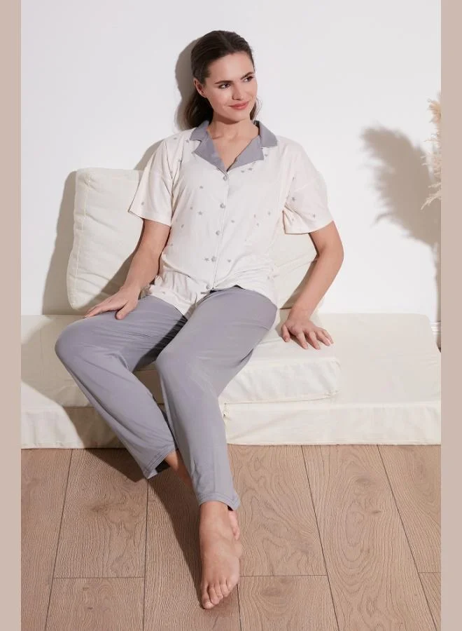 Lela Lela Patterned Short-Sleeved Elastic Waist Shirt Collar Woven Pajama Set Women's PAJAMA SET 6097515