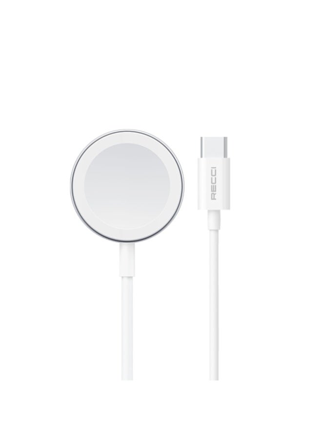 ريتشي Recci RCW-28 شاحن لاسلكي مغناطيسي للساعة الذكية (Apple Watch)، كيبل USB-A مدمج، محمول للسفر - لون أبيض - Image 1