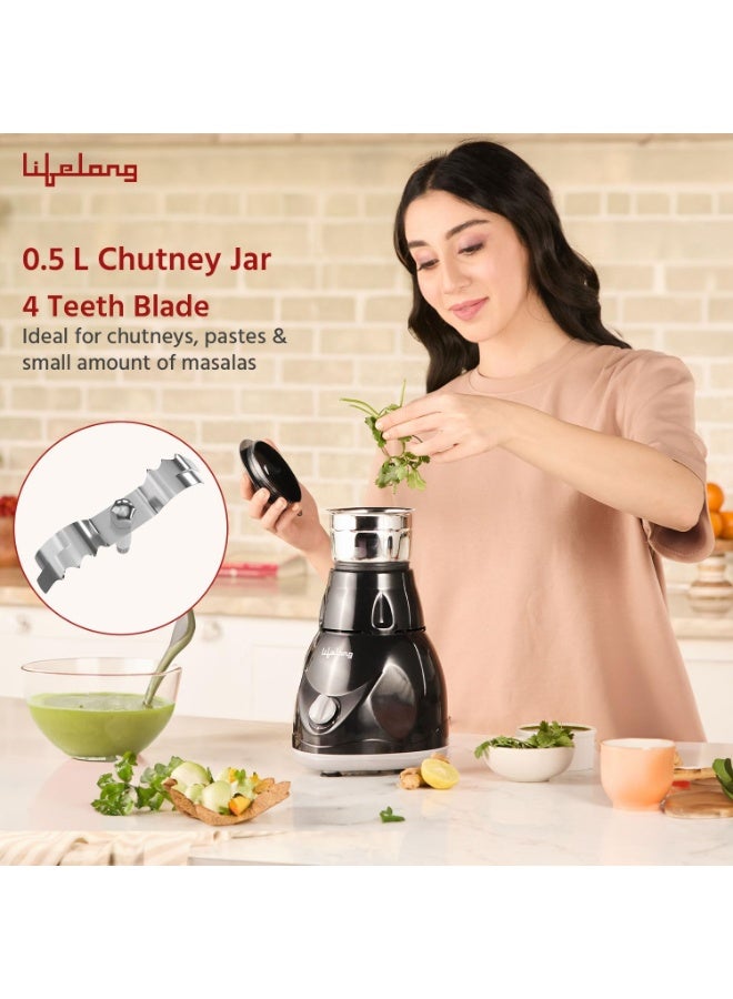 Lifelong LLMG23 Power Pro 500-Watt Mixer Grinder with 3 Jars (Liquidizing, Wet Grinding and Chutney Jar), Stainless Steel blades, 1 Year Warranty (Black) - Image 2