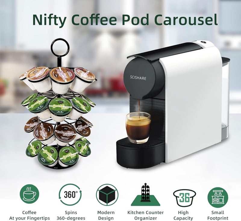 ROWISE K-Cup Pod Carousel Holder and Organizer for 36 Pods - Spins 360 Degrees, Detachable, Modern Metal Design in Black for Home and Office Counters - Image 2