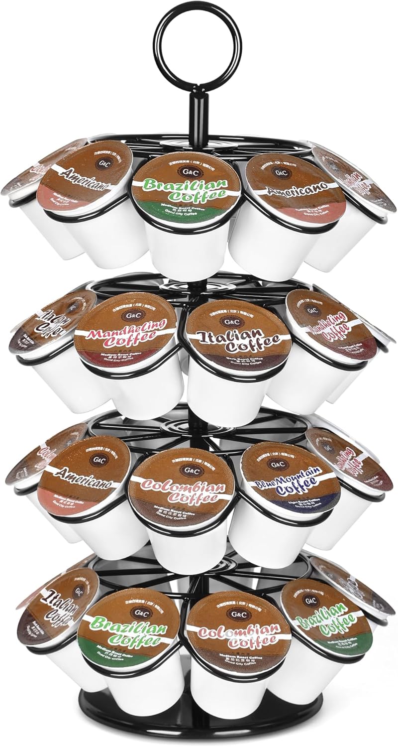 ROWISE K-Cup Pod Carousel Holder and Organizer for 36 Pods - Spins 360 Degrees, Detachable, Modern Metal Design in Black for Home and Office Counters - Image 1