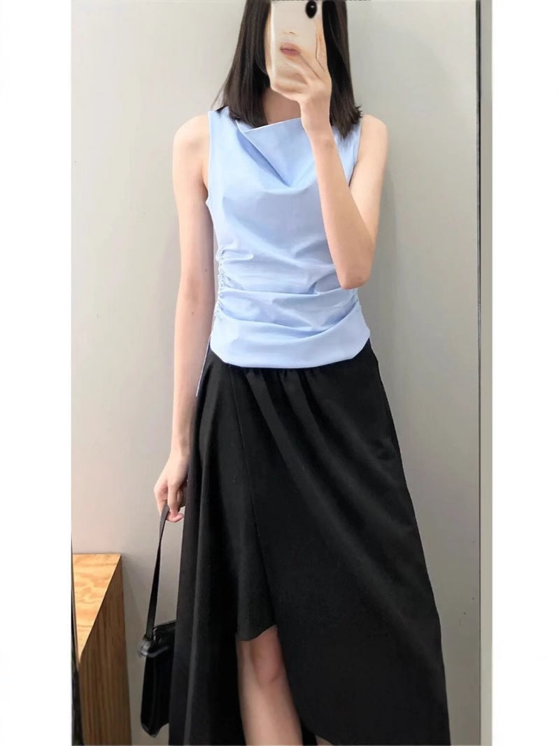 Cos Style 2026 Spring New One-Shoulder Draped Collar Sleeveless Knit Solid Color Elastic Commuter Waist-Cinching Tummy-Covering Vest - Image 1