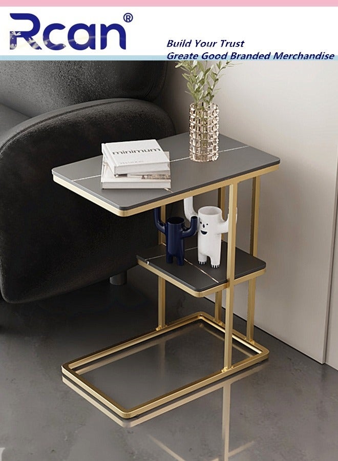 Living Room 2 Tier C Shaped Side Table Wooden Oval TV Tray Table Metal Frame Marble Texture Tabletop Sofa Coffee Table Floor Standing Couch Table Storage Table for Small Space Sofa Bedroom Bedside Bat