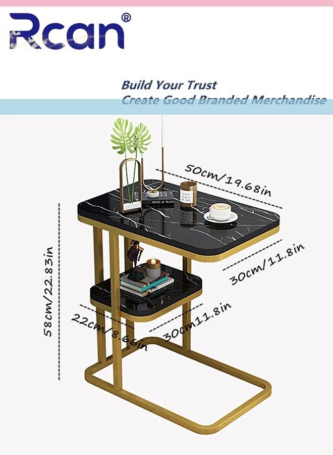 Living Room 2 Tier C Shaped Side Table Wooden Oval TV Tray Table Metal Frame Marble Texture Tabletop Sofa Coffee Table Floor Standing Couch Table Storage Table for Small Space Sofa Bedroom Bedside Bat