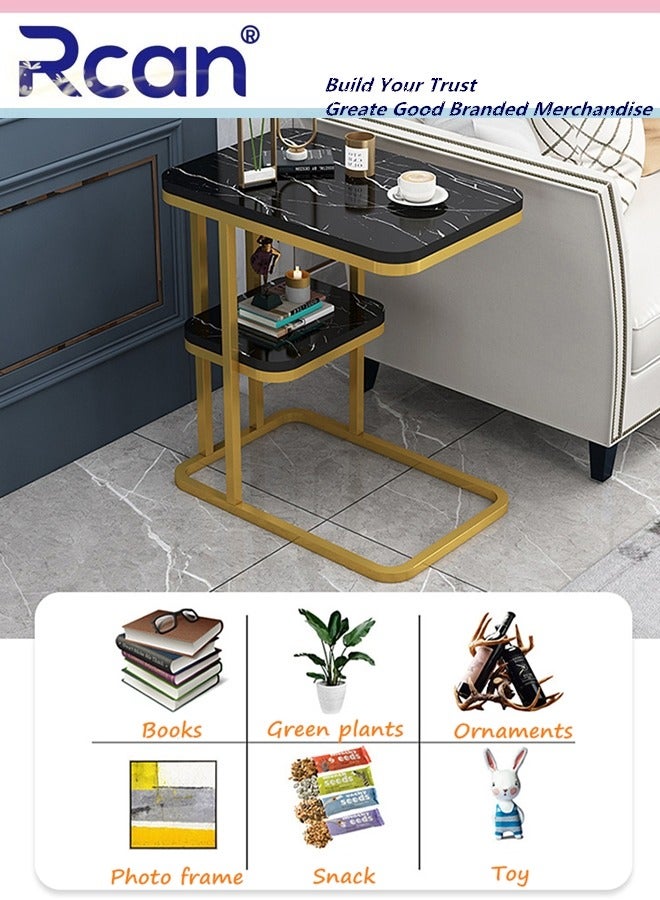 Living Room 2 Tier C Shaped Side Table Wooden Oval TV Tray Table Metal Frame Marble Texture Tabletop Sofa Coffee Table Floor Standing Couch Table Storage Table for Small Space Sofa Bedroom Bedside Bat