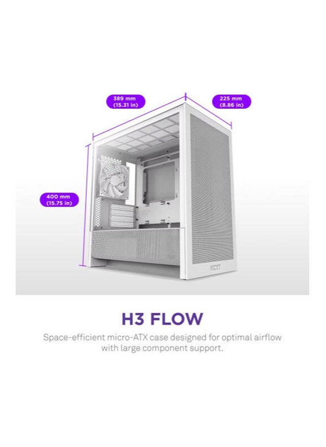 NZXT H3 Flow, Micro-ATX Mid-Tower PC Case High Airflow Design, Tempered Glass Side Panel, Compact Form Factor, Front I/O with USB-C and USB 3.2 Gen 1, White | CC-H31FW-01  - Image 2