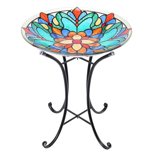 MUMTOP Bird Bath-Bird Baths for Outdoors - Glass Large Bird Bath Bowl with Metal Stand, Symmetrical Patterns Bird Feeders for Outside and Garden, Patio,Lawn Decor - Image 1