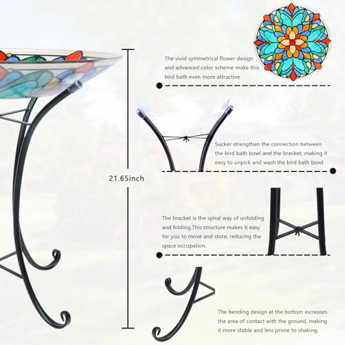 MUMTOP Bird Bath-Bird Baths for Outdoors - Glass Large Bird Bath Bowl with Metal Stand, Symmetrical Patterns Bird Feeders for Outside and Garden, Patio,Lawn Decor - Image 2