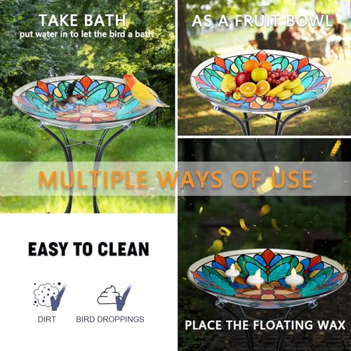 MUMTOP Bird Bath-Bird Baths for Outdoors - Glass Large Bird Bath Bowl with Metal Stand, Symmetrical Patterns Bird Feeders for Outside and Garden, Patio,Lawn Decor - Image 4