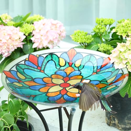 MUMTOP Bird Bath-Bird Baths for Outdoors - Glass Large Bird Bath Bowl with Metal Stand, Symmetrical Patterns Bird Feeders for Outside and Garden, Patio,Lawn Decor - Image 5