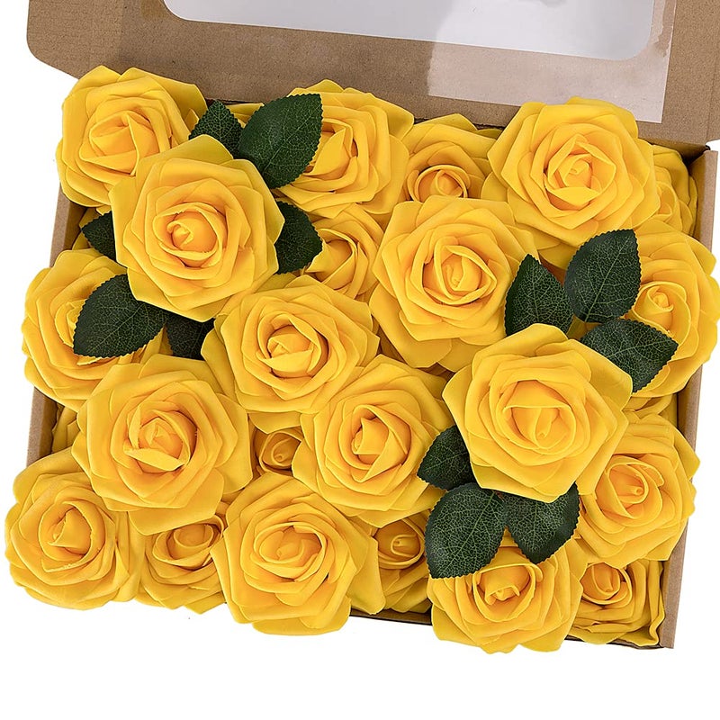 MACTING Artificial Rose Flower  30pcs Real Touch Fake Roses for Mother's Day DIY Bridal Bouquets Wedding Party Baby Shower Home Autumn Decor(Yellow) - Image 1