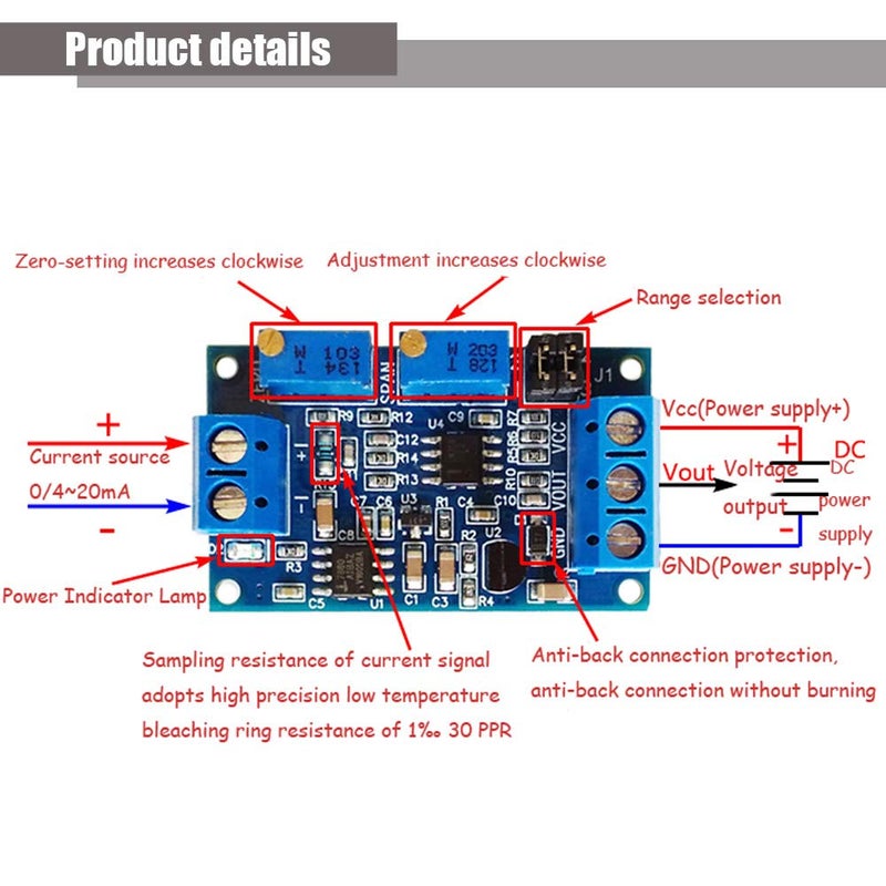 Ximimark Ximimark 2Pcs Current to Voltage Converter Module 0/4-20mA to 0-3.3V 0-5V 0-10V Voltage Transmitter Signal Conversion Conditioning Board  - Image 2