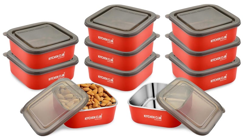 KITCHEN CLUE Stainless Steel Microwave Safe Food Containers Set for Kitchen 10 Pcs 600 ML Each Red Airtight LeakProof BPA Free Lids Durable Food Safe Steel Fridge Storage Box - Image 1