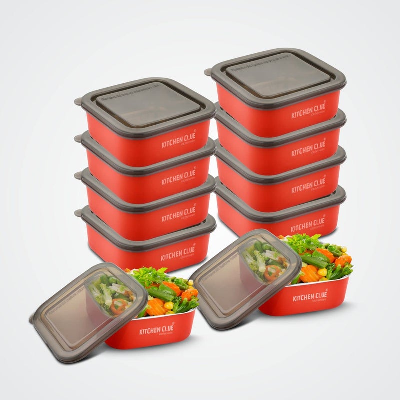 KITCHEN CLUE Stainless Steel Microwave Safe Food Containers Set for Kitchen 10 Pcs 600 ML Each Red Airtight LeakProof BPA Free Lids Durable Food Safe Steel Fridge Storage Box - Image 5