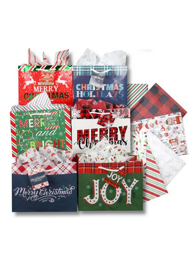 Iconikal Medium Gift Bags With Tissue Paper For Christmas 24-Pack Fun Bright Designs Merry Christmas, Joy, Holidays  - Image 1