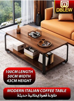 DBLEW Luxurious Wood Finish 2 Tier Rectangular Coffee Table Modern Centre Cocktail Sofa Table with Black Steel Frame Base Living Room Office Reception Restaurant Hotel Lobby Bedroom Home Outdoor Garden Patio Decoration Furniture Rectangle Accent Design Tea Table With Bottom Storage Shelf Rack 100x50x43cm  - Image 1