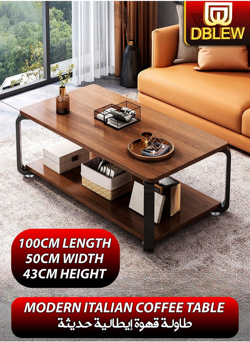 DBLEW - Luxurious Wood Finish 2 Tier Rectangular Coffee Table Modern Centre Cocktail Sofa Table with Black Steel Frame Base Living Room Office Reception Restaurant Hotel Lobby Bedroom Home Outdoor Garden Patio Decoration Furniture Rectangle Accent Design Tea Table With Bottom Storage Shelf Rack 100x50x43cm - Image 1