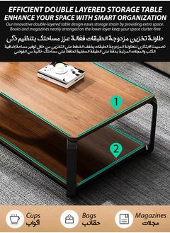 DBLEW Luxurious Wood Finish 2 Tier Rectangular Coffee Table Modern Centre Cocktail Sofa Table with Black Steel Frame Base Living Room Office Reception Restaurant Hotel Lobby Bedroom Home Outdoor Garden Patio Decoration Furniture Rectangle Accent Design Tea Table With Bottom Storage Shelf Rack 100x50x43cm  - Image 2