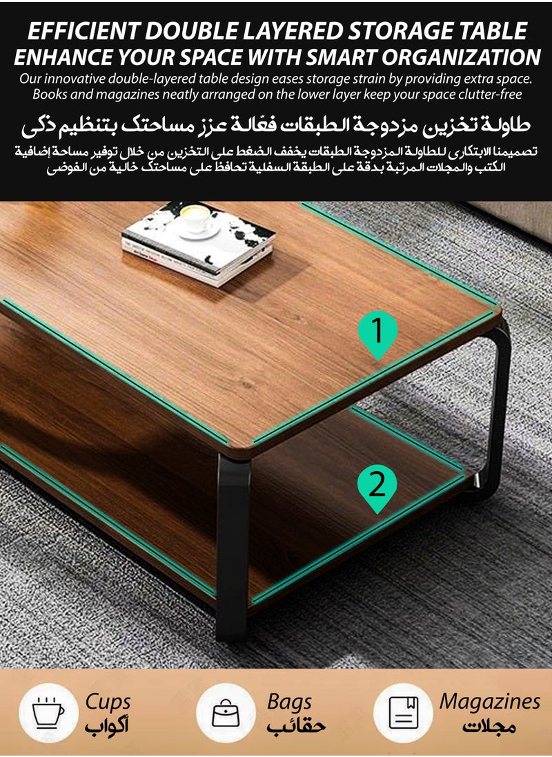 DBLEW - Luxurious Wood Finish 2 Tier Rectangular Coffee Table Modern Centre Cocktail Sofa Table with Black Steel Frame Base Living Room Office Reception Restaurant Hotel Lobby Bedroom Home Outdoor Garden Patio Decoration Furniture Rectangle Accent Design Tea Table With Bottom Storage Shelf Rack 100x50x43cm - Image 1