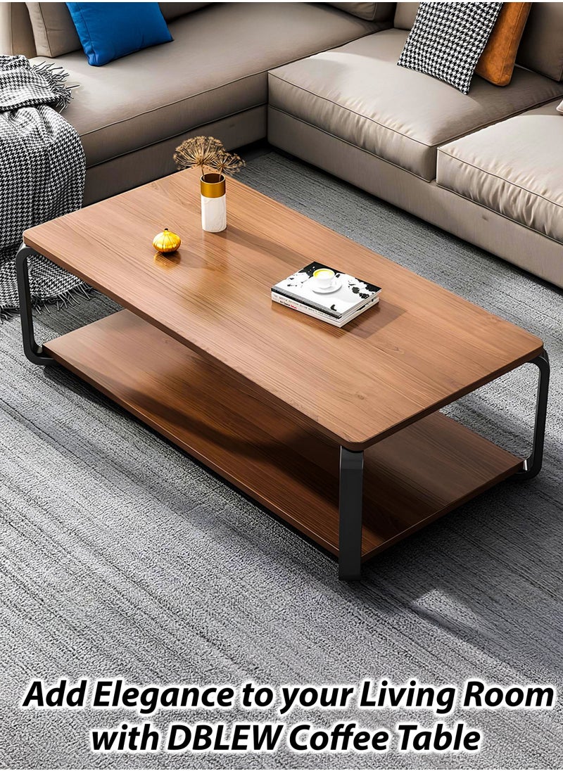 DBLEW - Luxurious Wood Finish 2 Tier Rectangular Coffee Table Modern Centre Cocktail Sofa Table with Black Steel Frame Base Living Room Office Reception Restaurant Hotel Lobby Bedroom Home Outdoor Garden Patio Decoration Furniture Rectangle Accent Design Tea Table With Bottom Storage Shelf Rack 100x50x43cm - Image 1