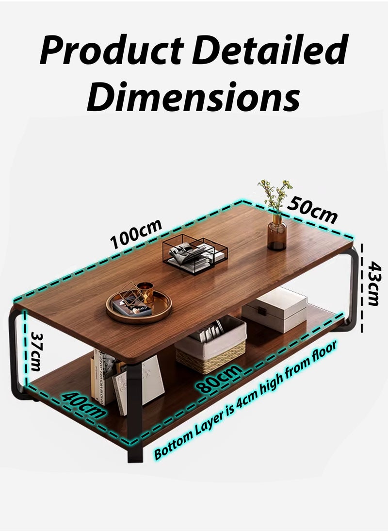DBLEW - Luxurious Wood Finish 2 Tier Rectangular Coffee Table Modern Centre Cocktail Sofa Table with Black Steel Frame Base Living Room Office Reception Restaurant Hotel Lobby Bedroom Home Outdoor Garden Patio Decoration Furniture Rectangle Accent Design Tea Table With Bottom Storage Shelf Rack 100x50x43cm - Image 1