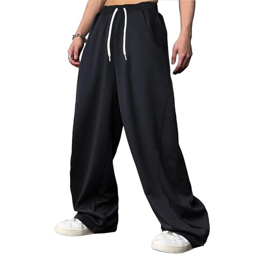 WZIKAI Men's Baggy Sweatpants Elastic Waist Drawstring Wide Leg Sweatpants Casual Loose Baggy Joggers with Pockets Black L - Image 4