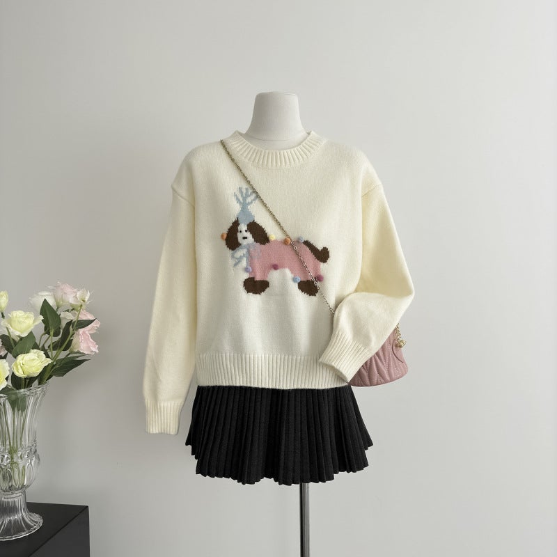 Korean Cartoon Puppy Embroidered Round Neck Knitted Sweater Age-Reducing Loose Versatile Chic Sweater - Image 1