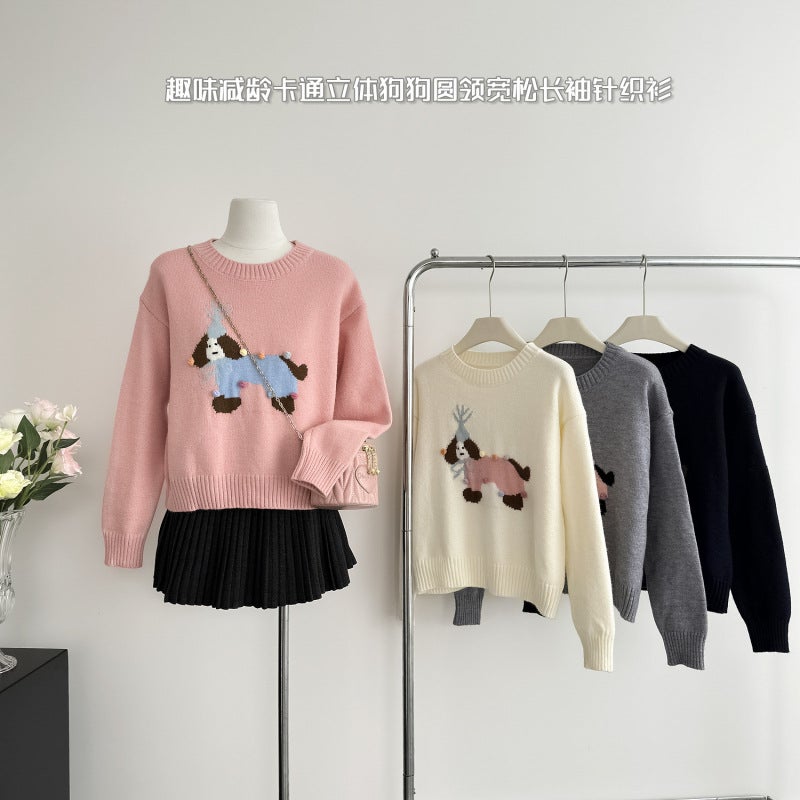 Korean Cartoon Puppy Embroidered Round Neck Knitted Sweater Age-Reducing Loose Versatile Chic Sweater - Image 3