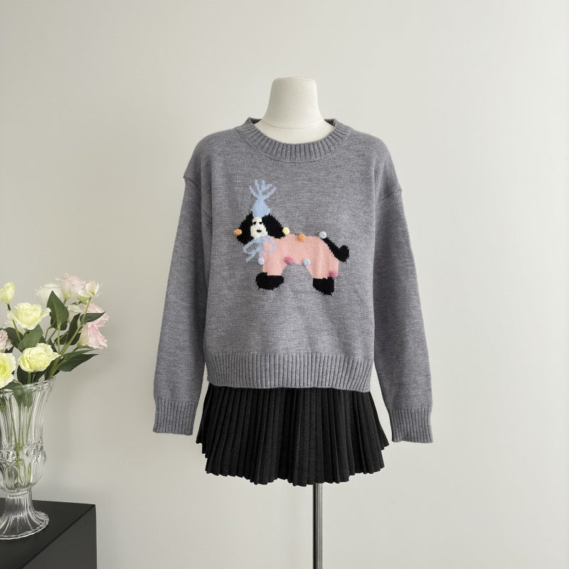 Korean Cartoon Puppy Embroidered Round Neck Knitted Sweater Age-Reducing Loose Versatile Chic Sweater - Image 5