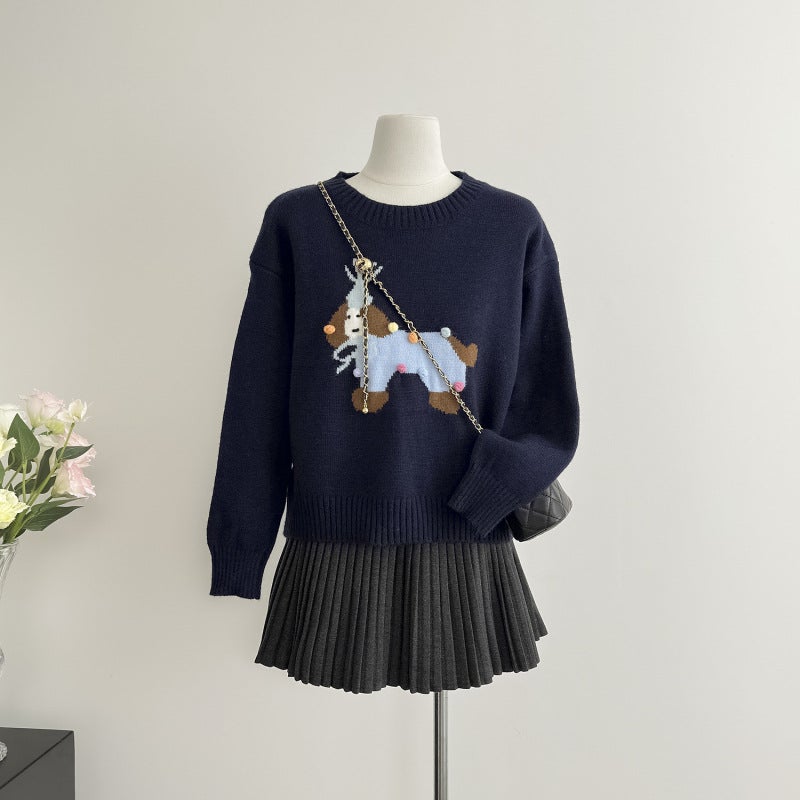 Korean Cartoon Puppy Embroidered Round Neck Knitted Sweater Age-Reducing Loose Versatile Chic Sweater - Image 4