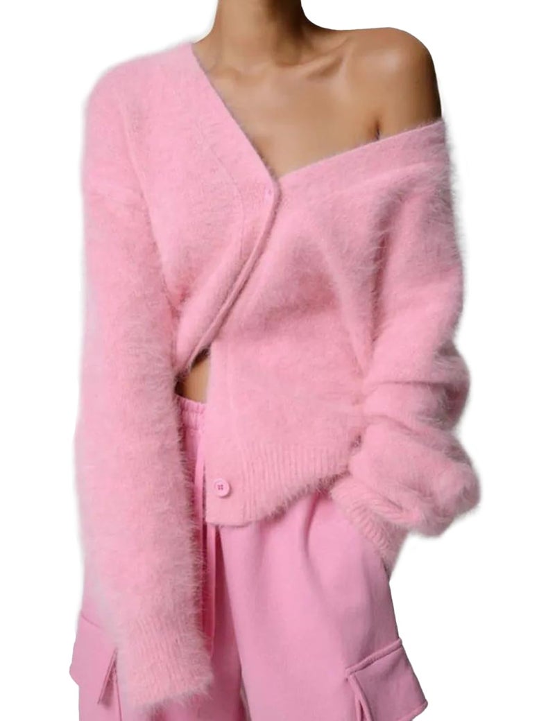 Flygo Womens Fuzzy Mohair Cardigan Sweaters V Neck Button Down Long Sleeve Fluffy Knit Open Front Slouchy Furry Sweater(Pink-L) - Image 1