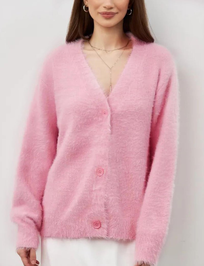 Flygo Womens Fuzzy Mohair Cardigan Sweaters V Neck Button Down Long Sleeve Fluffy Knit Open Front Slouchy Furry Sweater(Pink-L) - Image 3