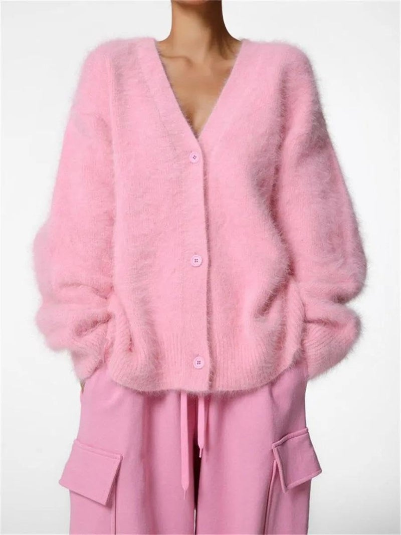Flygo Womens Fuzzy Mohair Cardigan Sweaters V Neck Button Down Long Sleeve Fluffy Knit Open Front Slouchy Furry Sweater(Pink-L) - Image 2