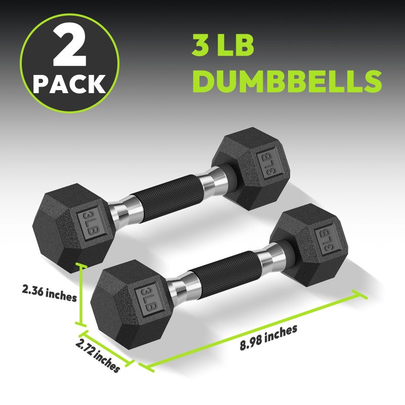 HANDBODE Hex Rubber Dumbbells, Non-Slip Handle Design for Secure & Comfortable Grip, Hand Weights for Strength Training and Home Gym/Pair of 3 LB - Image 2