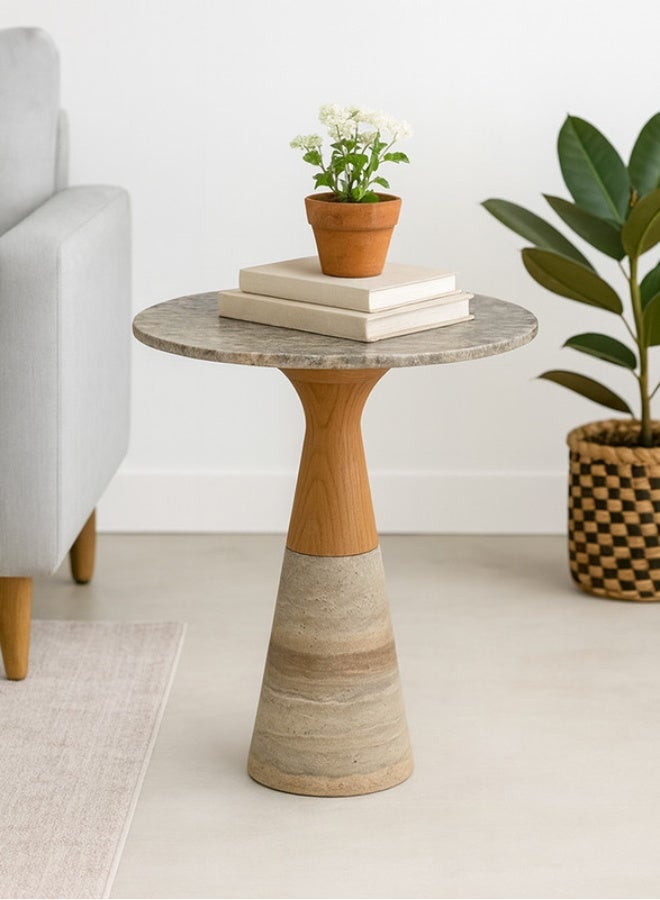 YI ONE Corner Table – Natural Marble & Solid Wood Round Luxury Side Table for Sofa or Bed, Living Room & Bedroom - Image 1