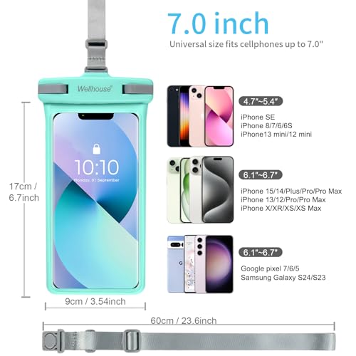 wellhouse Waterproof Phone Pouch, Waterproof Phone Case for iPhone 16 15 14 13 12 Pro Max XS Samsung, IPX8 3D Cellphone Dry Bag Beach Essentials (1 Pack - Crystal Green7.0, 7 inch) - Image 5