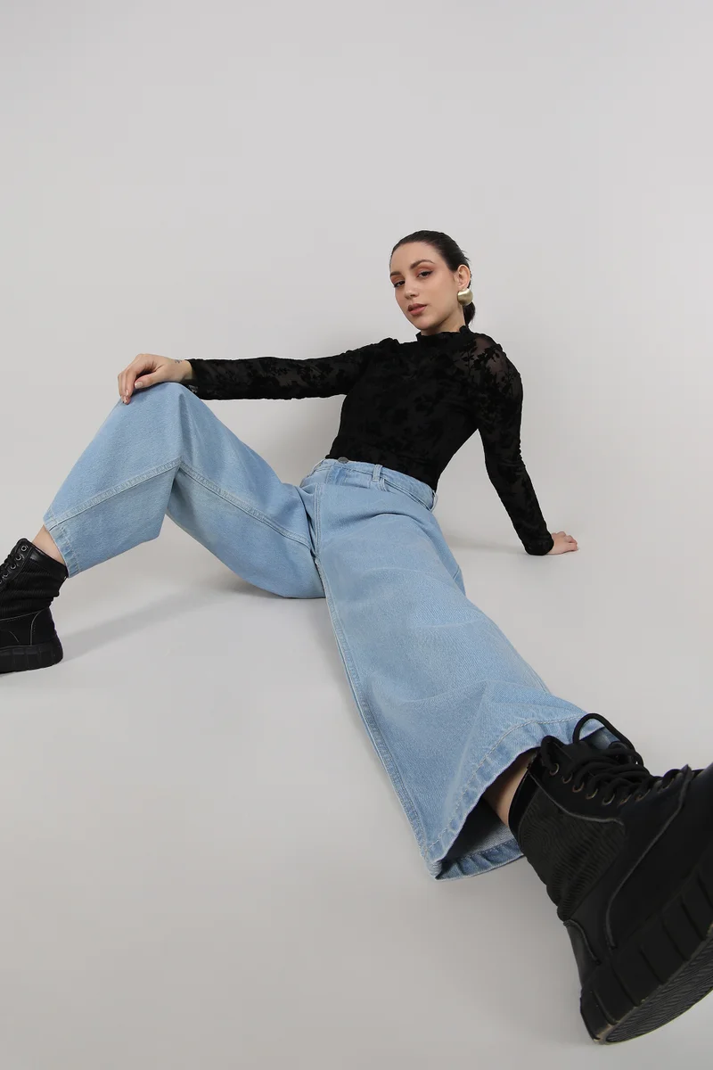 Pinacolada  Women's Light Blue Pleated Baggy Denim Jeans for Women | Best Price UAE