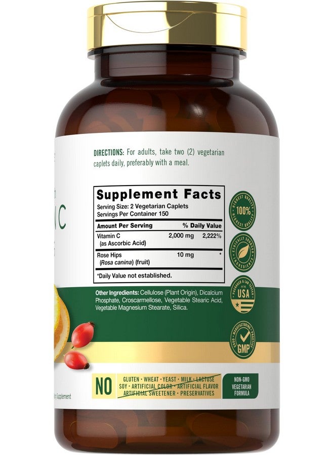 Carlyle Vitamin C 1000mg | 300 Vegetarian Caplets | Ascorbic Acid with Wild Rose HIPS | High Strength Formula | Non-GMO and Gluten Free Supplement