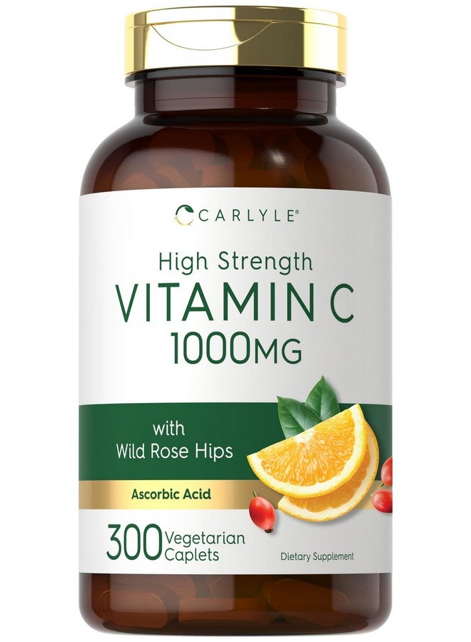Carlyle Vitamin C 1000mg | 300 Vegetarian Caplets | Ascorbic Acid with Wild Rose HIPS | High Strength Formula | Non-GMO and Gluten Free Supplement