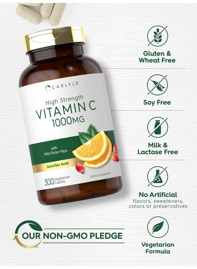 Carlyle Vitamin C 1000mg | 300 Vegetarian Caplets | Ascorbic Acid with Wild Rose HIPS | High Strength Formula | Non-GMO and Gluten Free Supplement