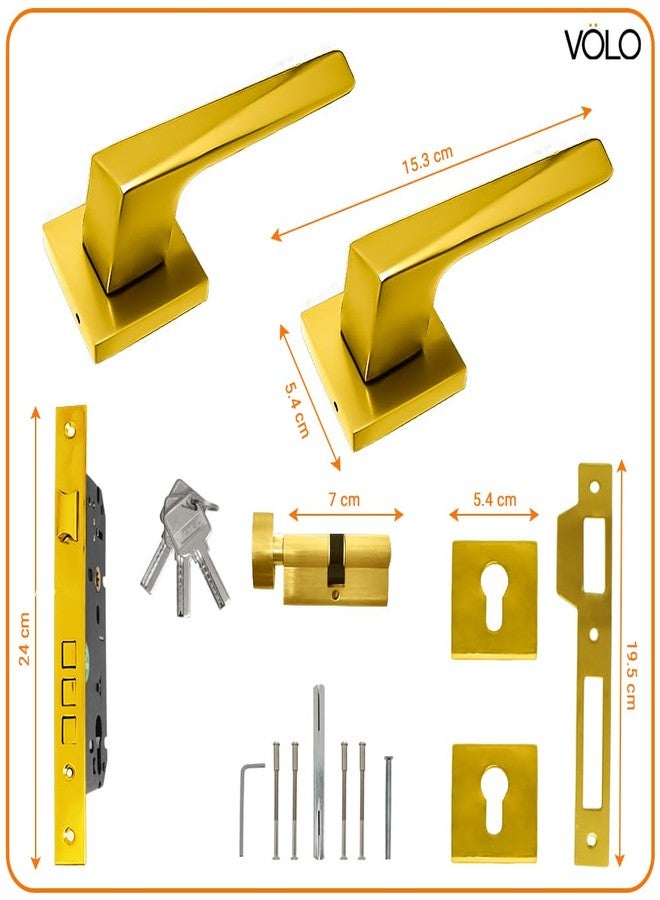 VOLO Heavy Duty Main Door Mortise Lock | Bedroom Door Lock Set with Brass Cylinder and Lock Body for Home/Hotels/Office. (2248 Handle on Rose) (PVD Gold) - Image 2