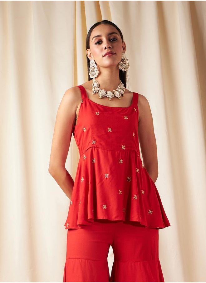 SASSAFRAS - Zari Embroidered Strappy Peplum Top by Styli - Image 1