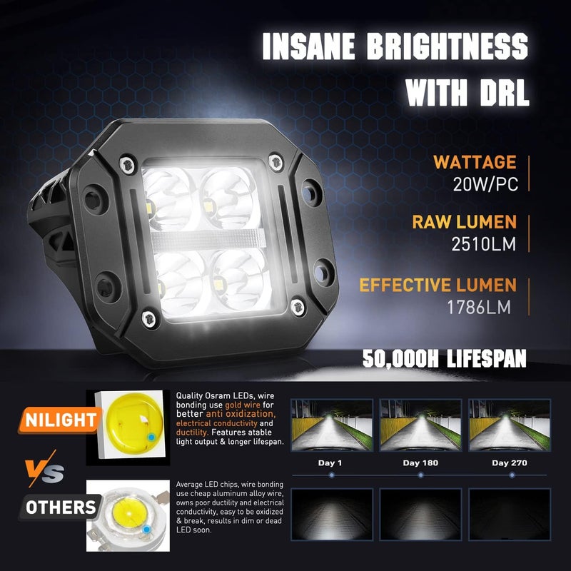 Nilight أضواء بود LED مدمجة من نيللايت 2 قطعة مع ضوء نهاري، شعاع بقوة 4.8 بوصة 20 واط 2510 لومن لشاحنة 4x4 SUV جيب - Image 3