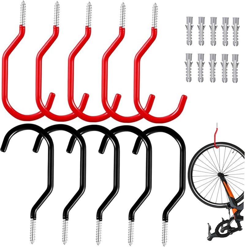 خطافات دراجات ثقيلة لتخزين الجراج على الحائط 10 قطع طلاء أسود متعدد الاستخدامات - Image 1